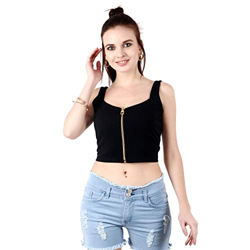 Image of POPWINGS Solid Casual Sleeveless Regular-Fit Crop Tops for Women with Front Chain| Crop Tops for Women Stylish Western Summer Wear