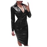 Damen PU Leder Kleid Sexy Langarm Bleistiftkleid Etuikleid Bodycon Clubwear Partykleid Abendkleid Mode V-Ausschnitt Midi Body Kleider Frauen Nacht Club Gürtel Button Lederbekleidung Weiß Khaki