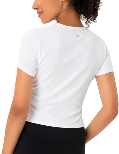 YUNOGA Womens Workout Top Short Sleeve Ribbed T-Shirt Compression Athletic Yoga Shirts2