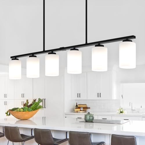 45.27'' Kitchen Island Light Fixtures, 6-Light Modern Dining Room Light Fixture, Black Pendant Lights with Milk Glass Shade, Linear Chandelier over Dining Table Lighting with Adjustable Rod, UL Listed