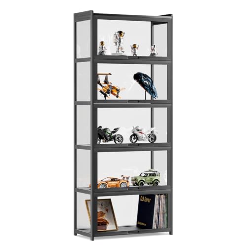 MoNiBloom 67.5" Curio Display Cabinet with Doors, 5-Tier Bamboo Showcase Storage Cabinet Shelf Collectibles Toy Display Case for Living Room, Black