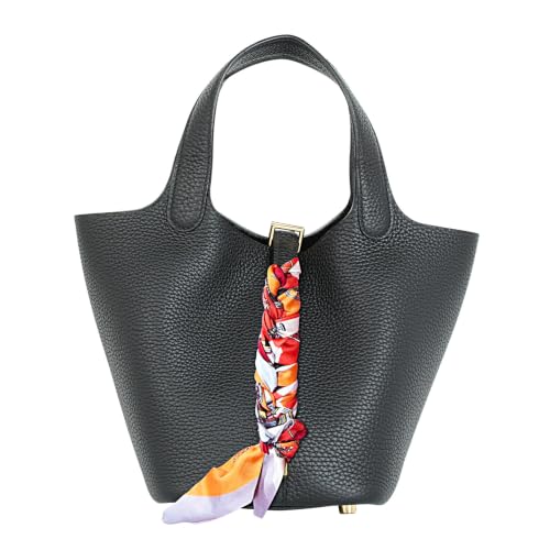 Lafillmiss Leather Handbag (Scarf Detaches) Genuine Leather Bucket Bag for Women,Market Tote Bags with Metal Clasp(Black-gold)
