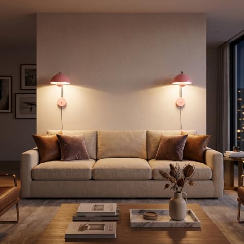 Image of COSYLUX Mid-Century Modern Bud Plug in Wall Sconces for Bedroom, Light Pink | Indirect lighting reading wall lamp, all-metal construction, plug-in or hardwired install, fits bedroom bedside, living room