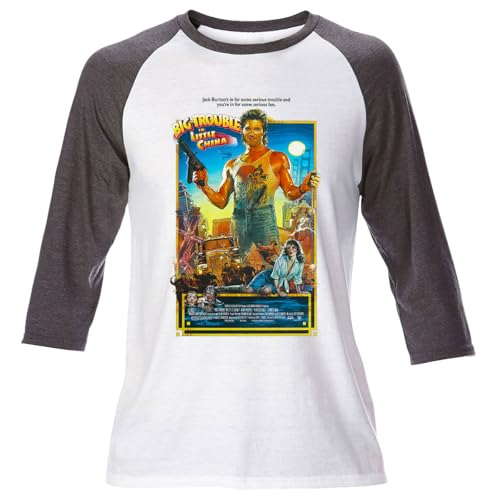 Mens Big Trouble in Little China Raglan T Shirt Jack Burton Pork Chop Express Retro (L) Grey
