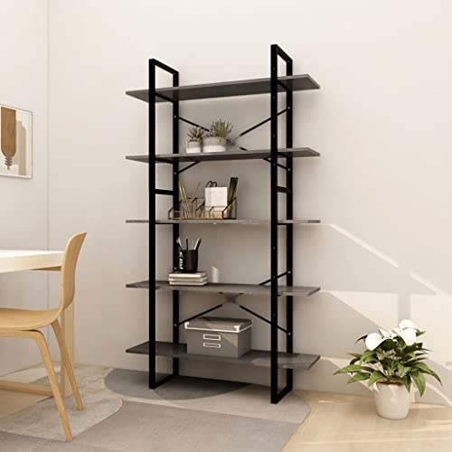 WIFESE Estantería de madera con 5 compartimentos, 100 x 30 x 175 cm, estantería de madera, estantería de pie, estantería de metal, estilo industrial, estantería para salón, gris, madera maciza de pino