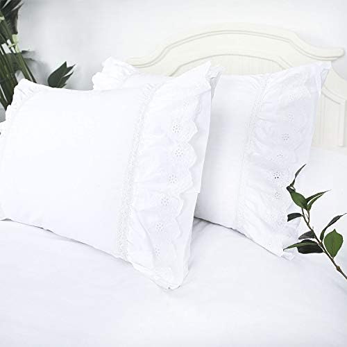 Eyelet Pillow Shams Ruffled Standard White Shabby Chic Lace Farmhouse Pillowcases Set of 2 Pretty Elegant Cotton Country French Cottage Embroidered Floral Victorian Crochet Trim 20x26