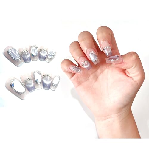 Macodio Glossy Cat Eye Press On Nails with Rhinestones Shiny