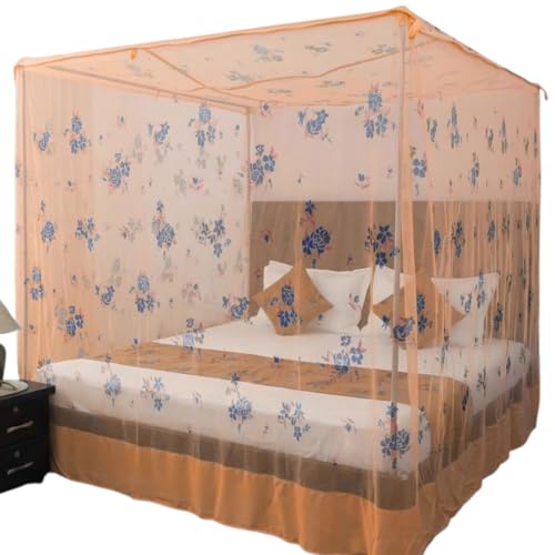Image of Mosquito Net for King Size Bed - Foldable Square Mosquito Net Double Bed | Mosquito Net for Queen Size Bed | Mosquitoes Net for Sukun Wali Neend (6.5ft x 6.5ft, White) (Orange)