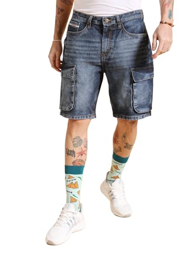 Image of The Indian Garage Co Men Relaxed Fit Solid Mid-Rise Denim Cargo Shorts