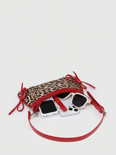 Image of QWINEE Women's Leopard Print Purse Y2k Cheetah Shoulder Bag Bow Studded Clutch Zipper Adjustable Strap Underarm Bag
