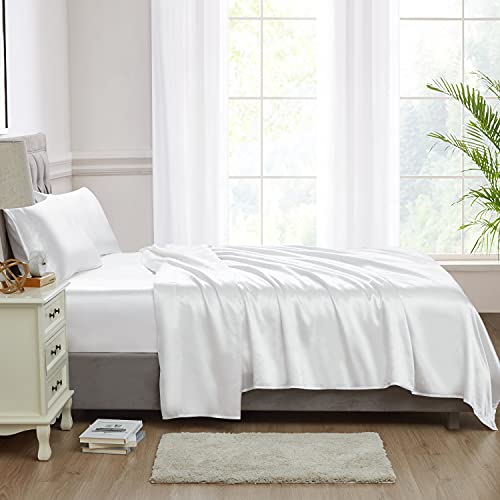 Image of Sweet Home Collection Satin 4-Piece Sheet Set - Silky Soft & Royal Luxury Fashion Sheet Set - Bed Sheets for Delicate Hair and Skin - Queen, White