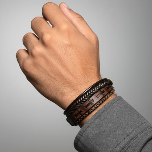 Image of THE MEN THING Leather Bracelet for Men - American Style Genuine Leather Multi-Layer Braided Bracelet with 100% Stainless Steel Magnetic Buckle for Men & Boys (8 inch)