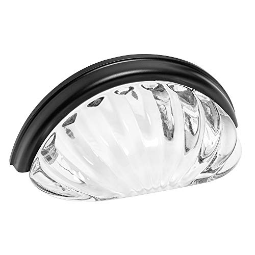10 Pack - Cosmas 6381FB-C Flat Black with Clear Glass Cabinet Cup Pull - 3 Inch (76mm) Hole Centers