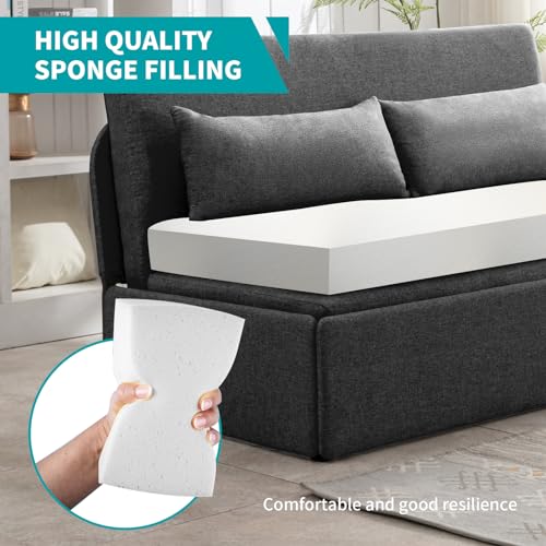 Image of BALUS 64 inch Queen Sofa Bed Couch Convertible Sleeper with Pullout Beds, Folding Sofabed Guest Bed with 2 Pillows, Tri-fold Mattress Sofas Armless Loveseat for Living Room Apartment Loft - Dark Gray