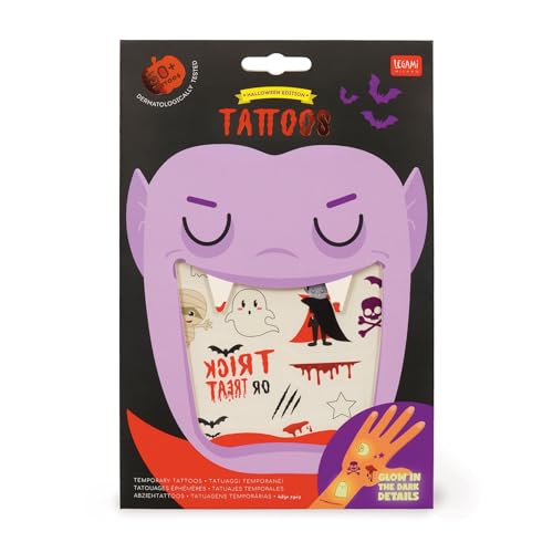 Legami - Tatuaggi Temporanei per Bambini, Tema Halloween, Lavabili, Resistenti a Sudore e Acqua, Brillano al buio, Facili da Applicare, Dermatologicamente Testati
