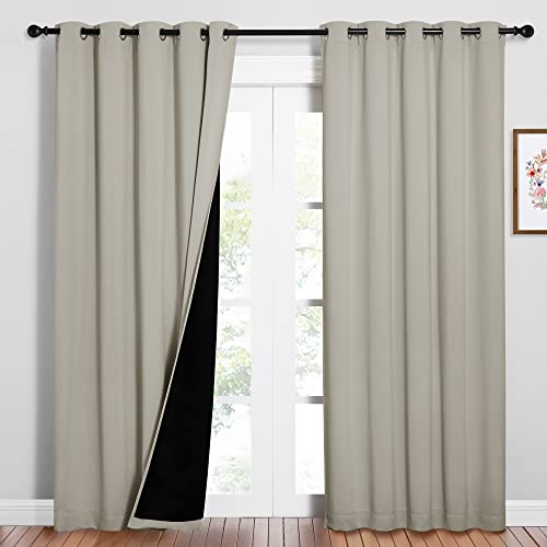 Image of NICETOWN 100% Blackout Window Curtain Panels, Cold and Full Light Blocking Drapes with Black Liner for Nursery, 84 inches Drop Thermal Insulated Draperies (Natural, 2 PCs, 62 inch Wide Each Panel)