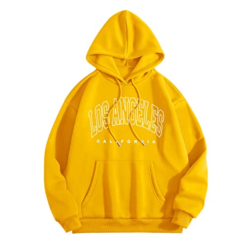 Moletom feminino casual com capuz e estampa de letras, pulôver com cordão e estampa, Amarelo, G