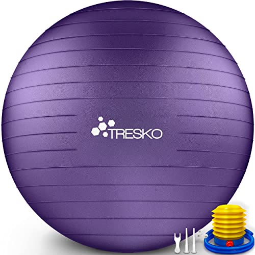 TRESKO Gymnastikball mit GRATIS Übungsposter inkl. Luftpumpe - Yogaball BPA-Frei | Sitzball Büro | Anti-Burst | 300 kg,Lila,55cm (für Körpergröße unter 155cm)