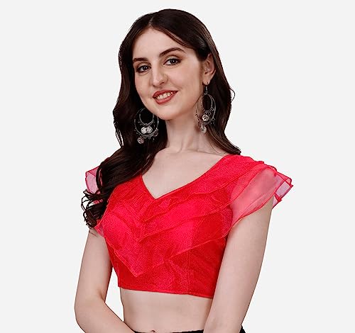 Image of Pujia Mills Women's V Neck Orgenza Three Layer Ruffle Sleeve Frill Readymade Saree Blouse