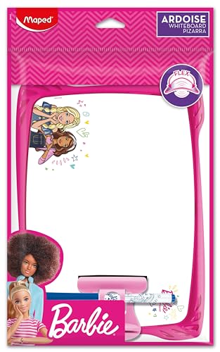 Maped - Kit Ardoise Blanche Barbie - Souple Incassable - 1 Ardoise Effaçable + 1 Porte-accessoires + 1 Brosse + 1 Feutre - Double Faces