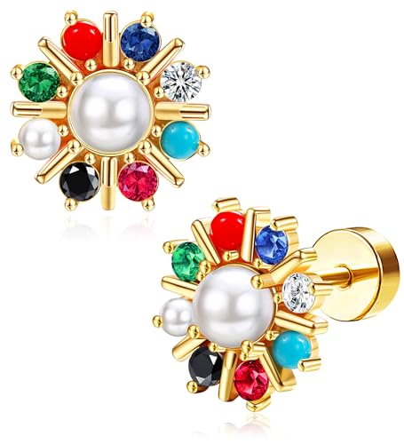 Tupmi Handmade Gold-Plated Cubic Zirconia Flat Back Earrings - Snowflake Shape with 9 Gem Screw Earrings for Women (15.3mm)