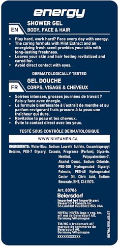 NIVEA MEN Gel Douche Energy (1 x 500 ml) - Soin lavant enrichi en extrait de menthe vivifiante - Gel douche homme 3 EN 1 — Soin nettoyant Corps Visage & Cheveux Vivifiant Effet Fraîcheur 24H
