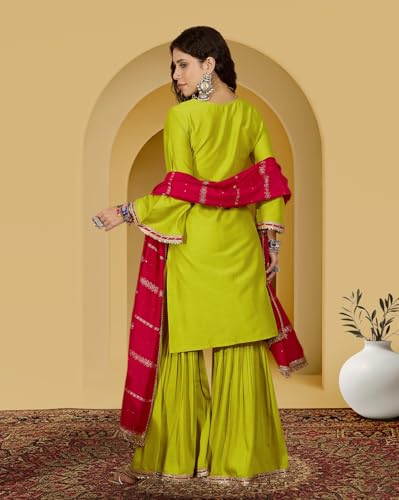 Image of Amazon Brand - Tavasya Women Silk Blend Zari Sequence and Thread Embroidered Kurta with Sharara Set |Ethnic Wear
