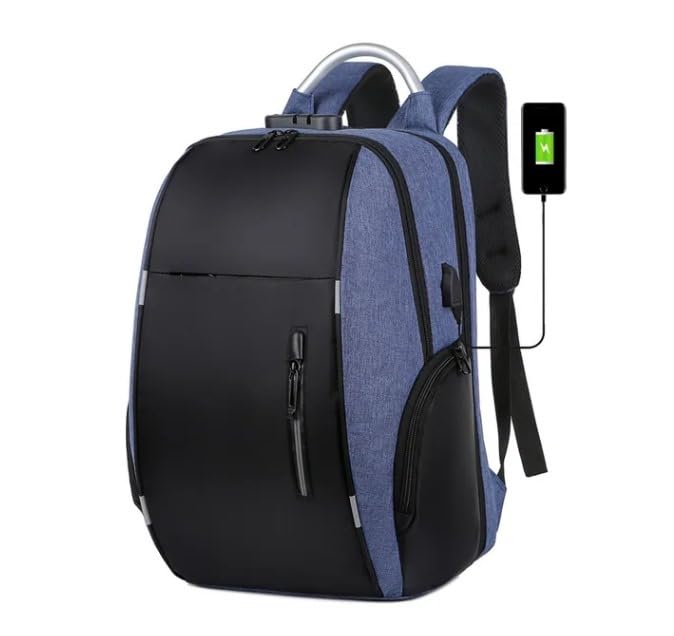 Mochila Bolsa Masculina Feminina Notebook Refor?ada Anti Furto Semi Imperme?vel Escolar Faculdade Trabalho Viagem Resistente Executiva Cabo De A?o Sa?da Usb (AZUL)