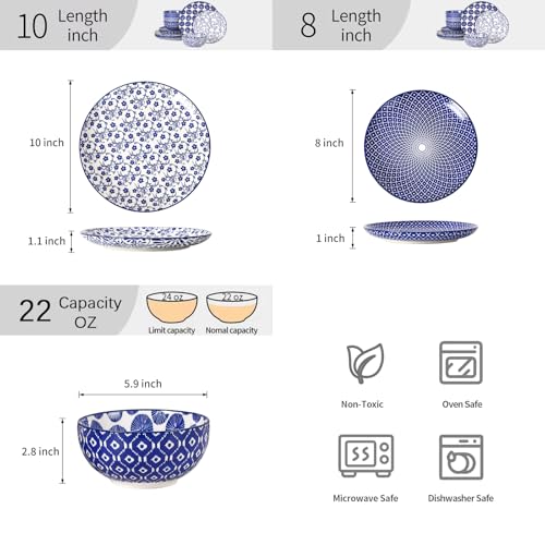 Image of Selamica Ceramic Plates and Bowls Sets,12 Pieces Dinnerware Sets for 4,Scratch Resistant Dish Set,Dishwasher & Microwave Safe, Vintage Blue