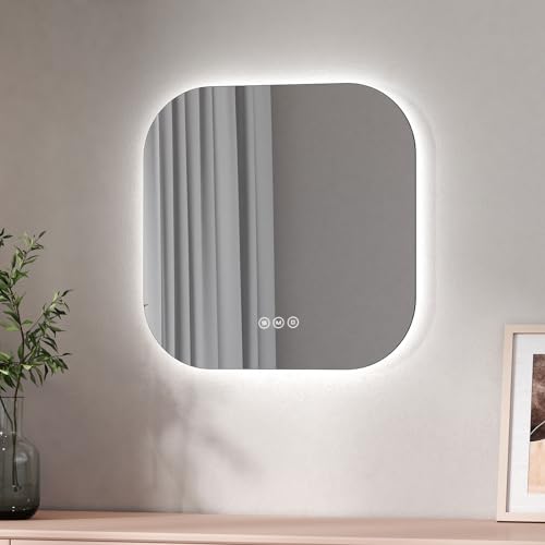 EMKE Led Bathroom Mirror - 500x500mm Frameless Wall Mounted Mirror with Lights, Illuminated Bathroom Mirror with Touch, Anti-Fog, Dimmable & 3 Colors, Memory Function for Living Room, Dressing room