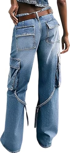 Women's Distressed Cargo Jeans with Multiple Pockets Denim Pants(Belt Not Include)3