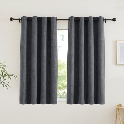 PONY DANCE Blackout Curtains for Living Room, Boho Saving Energy Linen Curtains with Bronze Eyelet, 2 Panels Grey Privacy and Thermal Window Drapes for Bedroom, 46 Wide x 54 Drop