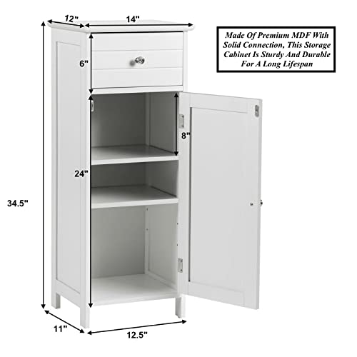 White Bathroom Floor Storage Cabinet Shower Caddies Toiletries Bath Essentials Organizer Drawer With Smooth Metal Slide 1 Fixed Shelf 1 Adjustable Shelf Safe With Anti Tilt Screw Anti-Slip Foot Pads #TOP1