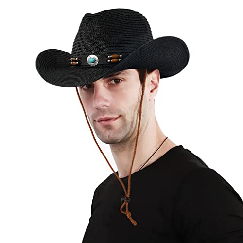 Docila Black Straw Cowboy Hats For Women Men Fashion Big Brim Summer Beach Western Hat Unisex Cowgirl Outfits Accessories Blue Bead Trim Adjustable String #TOP1