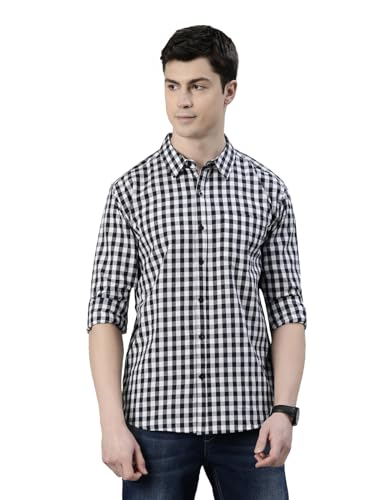 Image of JOVEN Men Slim Fit Pure Cotton Brown and Dark Green Casual Checked Shirt