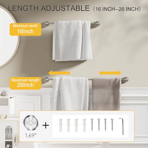 BESy Adjustable 16 to 26 Inch Bath Towel Bar Rack for Bathroom Towel Holder, Wall Mounted Towel Bar Rod Hanger Bathroom Hardware Accessories Hotel Style, Stainless Steel, Brushed Nickel by BESy - Image 9