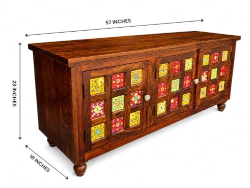 Image of Sheesham Wood TV Unit Cabinet with Handcrafted Ceramic Tile Doors | Natural Finish | 3 Door TV Console Entertainment Center | Storage Cabinet for Living Room (57 x 18 x 23 Inches)