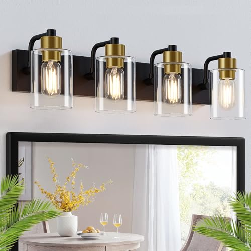 Dpyrrhic Bathroom Light Fixtures,Matte Black and Gold 4-Light Bathroom Lights