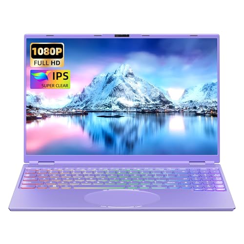 Fsjun 16 Zoll FHD Laptop Lila, 512GB SSD, 16GB DDR4 RAM, Quad-Core N95 Prozessor bis zu 3.4GHz(Beat N5095 N4120), Face Unlock, Farb-Tastatur, HDMI, USB 3.0, Type-C, WLAN, 5000mAh Notebook Computer