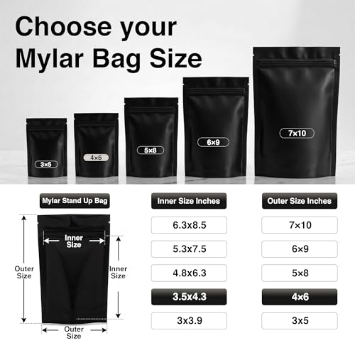 Image of BELLE KR 100pcs Black Mylar Bags with Gusseted Bottom - Extra Thick 4.72 Mil - 4 inchx6 inch Resealable Stand Up Mylar Ziplock Bags with Label Stickers