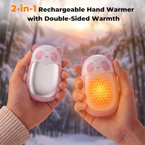 Fandliss Elektrischer Handwärmer 2er Set mit Band,Panda-Design, Rosa-Weiß – Ansicht 2