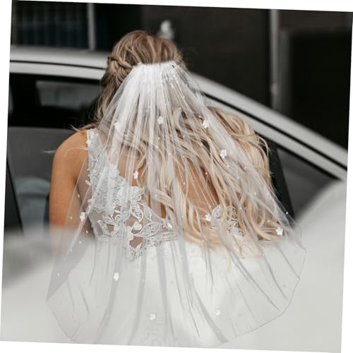 Velo de novia de tul ligero corto con perlas y peine para boda 6