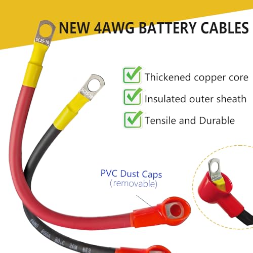 Image of 4 AWG Battery Cable, 1FT 4 Gauge Pure Copper Battery Inverter Cables with 3 /8 in Lugs Both Ends Power Inverter Wire Set for Automotive Solar Marine Boat RV Car Motorcycle Red and Black (1FT 2PCS)