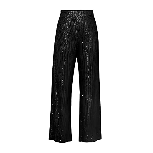 Women Sparkle Outfits Sequin Long Sleeve Blouse Shirt Top Glitter Long Loose Pants Bling Party Clubwear Streetwear (Black Pants, Large)