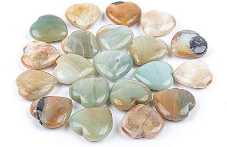 JIC Gem Set of 20 pcs 30mm Amazonite Healing Crystal Fluorite Heart Love Carved Palm Worry Stone Energy Yoga and Decoration