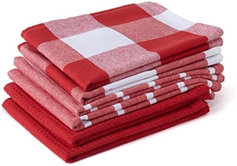 Encasa Tea Towels - Kitchen Dish towels X-Large 70 x 45 cm (5pc Set Waffle, Stripe, Check) Eco-Friendly Cotton, Highly Absorbent Teatowel for Quick Cleaning & Drying Plates & Glasses - Red