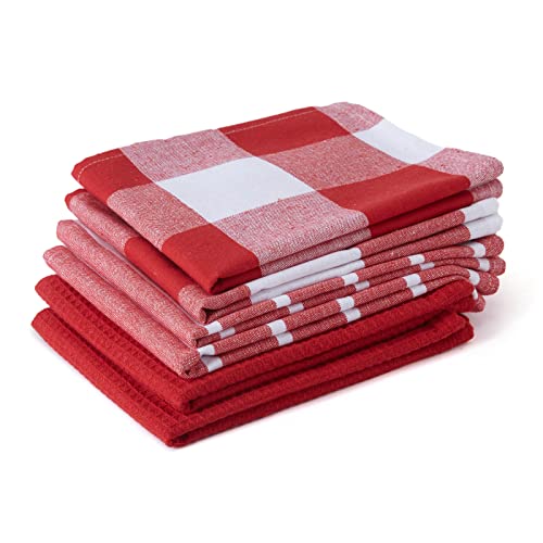 Encasa XO Kitchen Dish Towels Set | Red | Waffle Weave and Flat Hand Tea Towel | 28