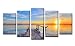 Wieco Art - Bridge under Sunrise Modern 5 Panels Stretched and Framed Giclee Canvas Prints Artwork Contemporary Seascape Sea Beach Pictures Paintings on Canvas Wall Art for Home office Decorations