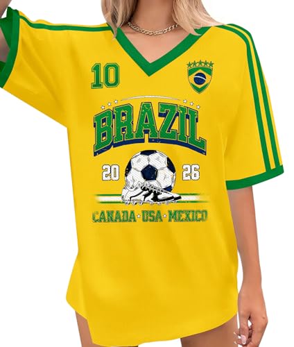 SWTJIC Brazil Jersey Soccer World Cup 2026 Women V Neck Brazil Shirt Funny Soccer Graphic Y2k Brasil Short Sleeve Yellow M