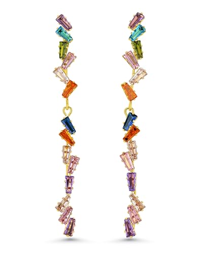 SNGIA 18K Gold Plated Dainty Long Colorful Gemstone Linear Drop Earrings by SNGIA, Multi Color Rhinestone Stud Statement Earrings, Trendy Chic Boho CZ Jewelry Gift for Women.